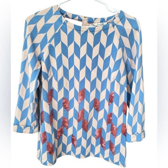 Boden Geometric Print Top Blue & Beige With Pink Sequin Details Size 12 Back Zip - Picture 1 of 8